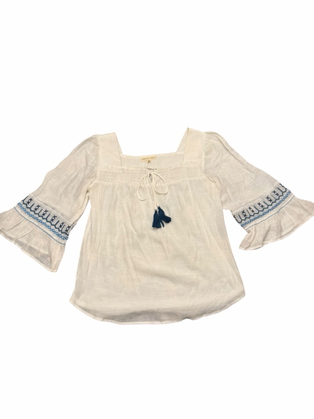 Parallel Skies Women's White Boho Top Blue Embroidery Tassels Square Neck Medium